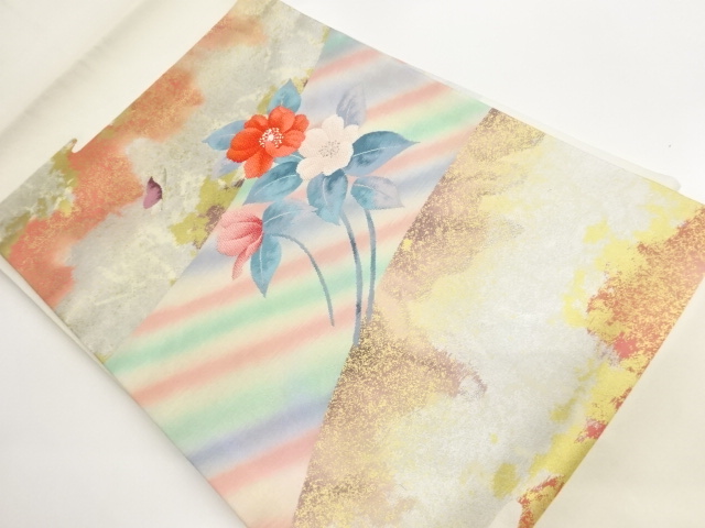 引箔花葉に蝶・抽象模様織出し名古屋帯